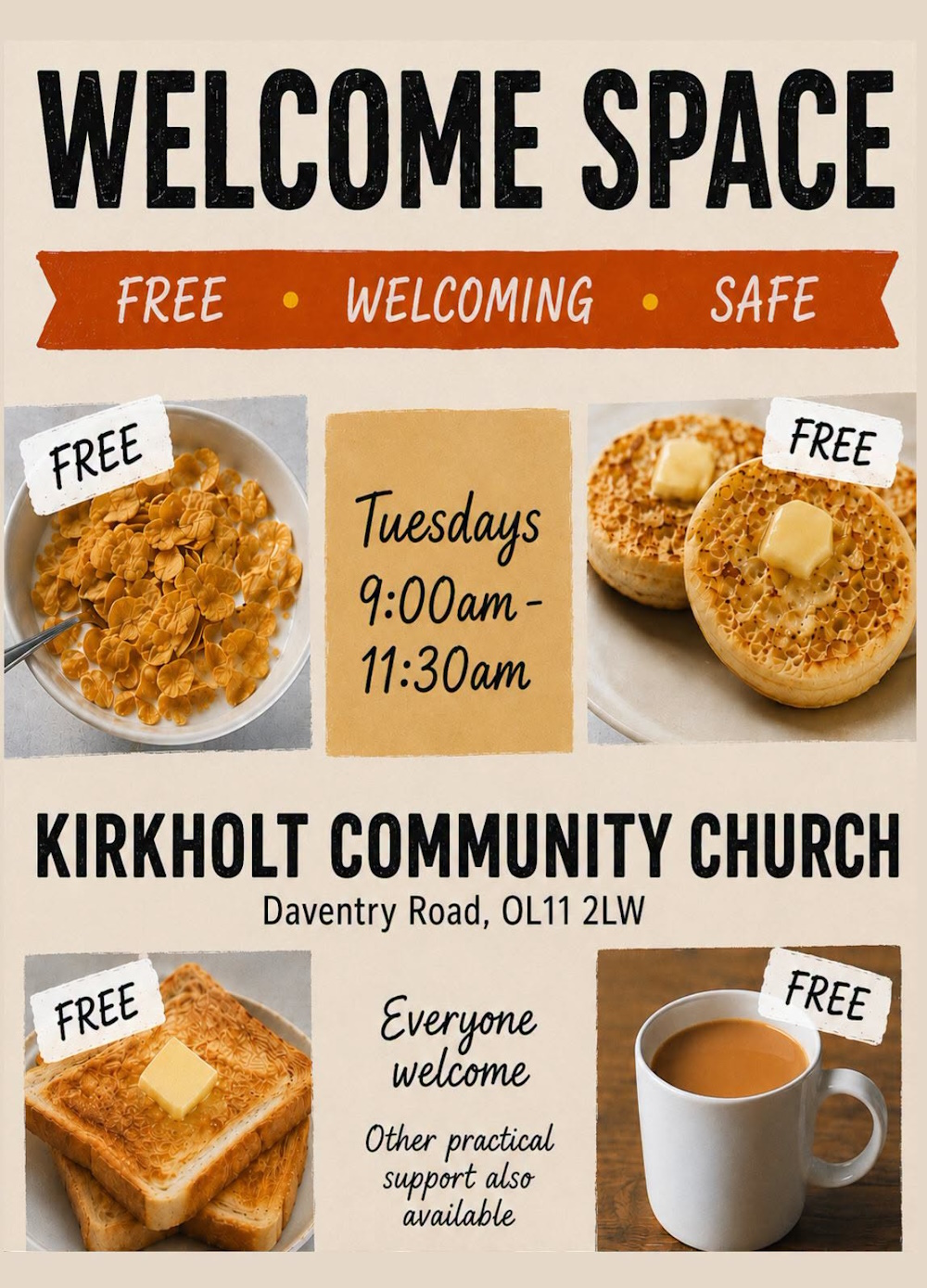 click to go to kirkholt community church facebook page warm welcome space at kirkholt community church